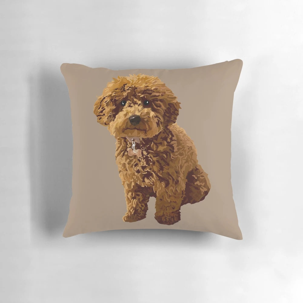 Soft, beige pillow featuring a cute illustration of a toy poodle