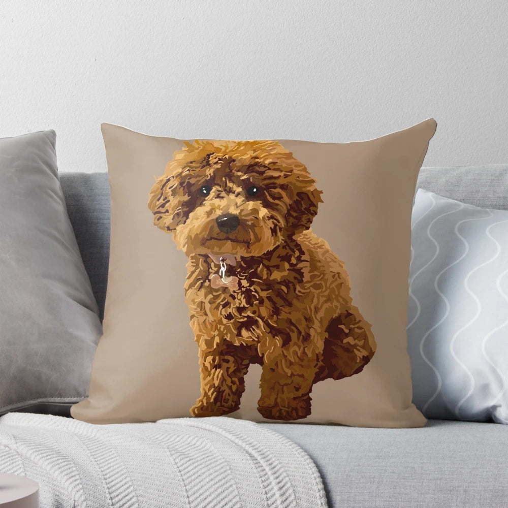 Soft, beige pillow featuring a cute illustration of a toy poodle