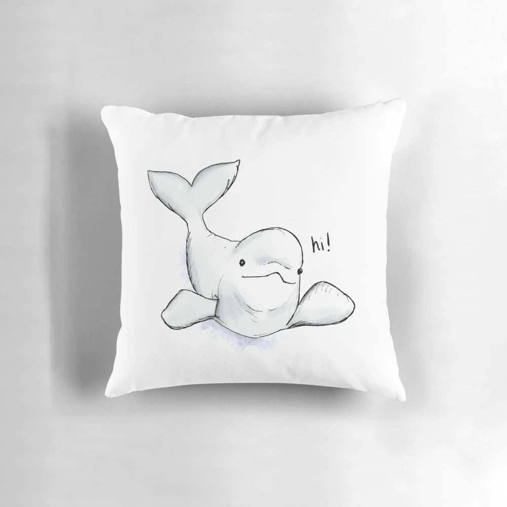 Watercolor illustration of a cute baby beluga whale on a soft, white pillow