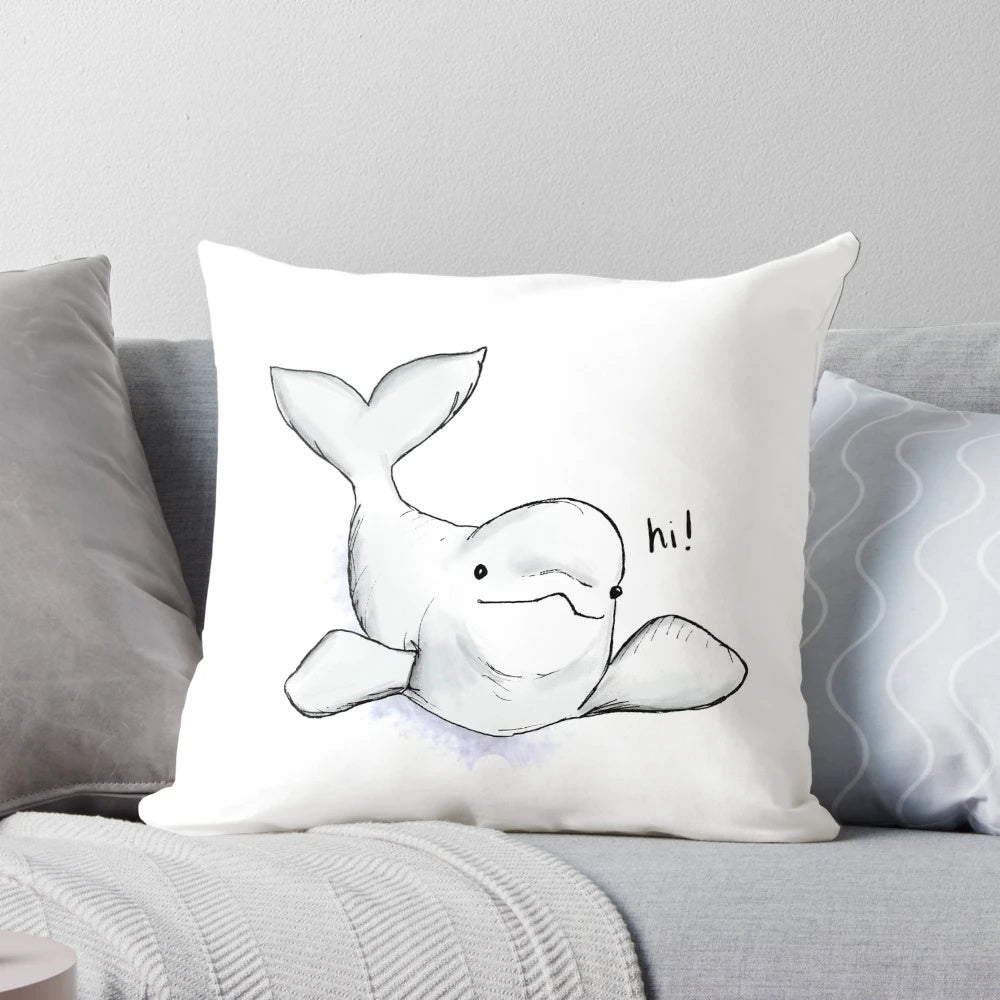 Watercolor illustration of a cute baby beluga whale on a soft, white pillow