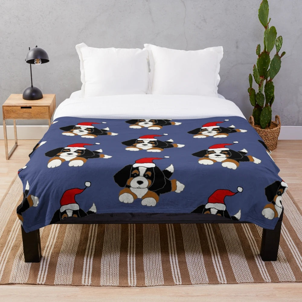 Cute Bernese Mountain Dog wearing a Santa hat on a cozy plush blanket