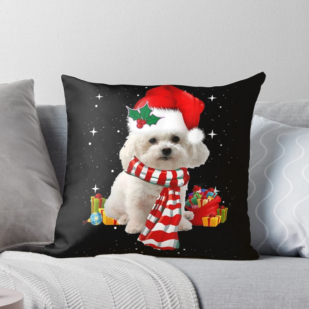 Soft, plush Bichon Frise Christmas pillow with cute holiday design