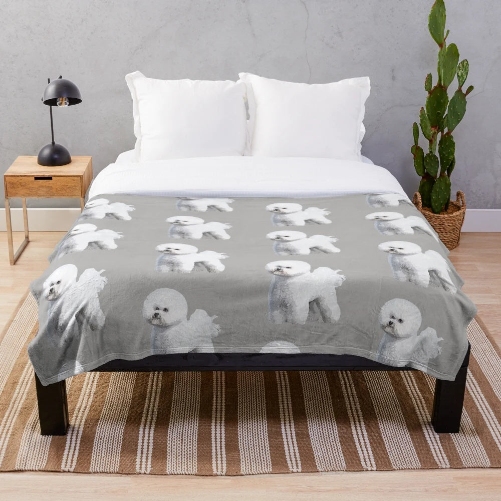 Beautiful illustration of a standing Bichon Frise dog on a plush blanket