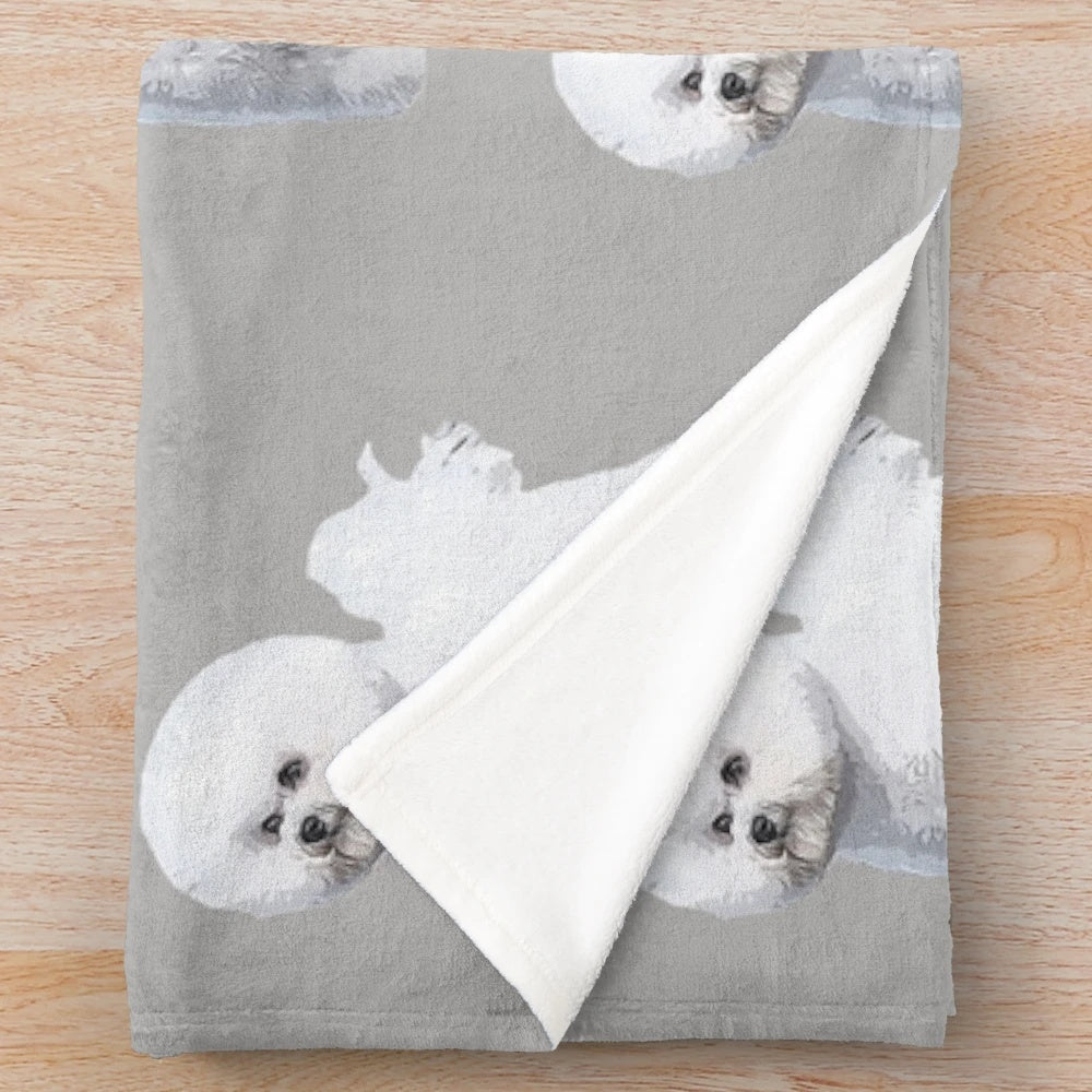 Beautiful illustration of a standing Bichon Frise dog on a plush blanket