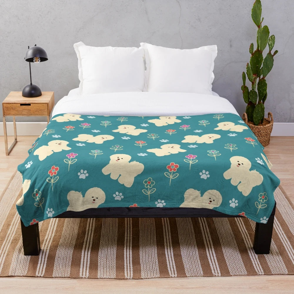 Bichon Frise plush blanket with colorful floral pattern