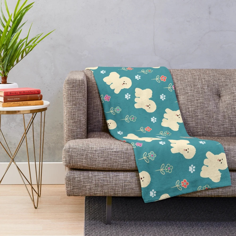 Bichon Frise plush blanket with colorful floral pattern