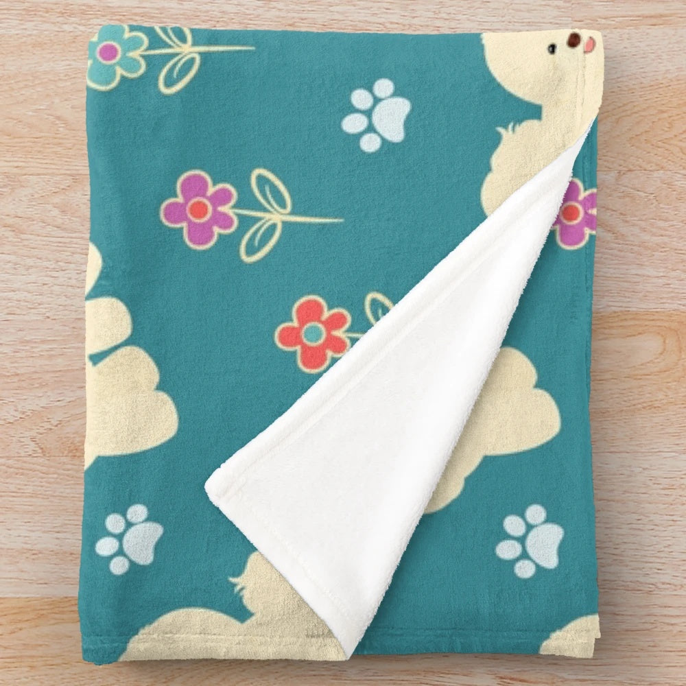 Bichon Frise plush blanket with colorful floral pattern