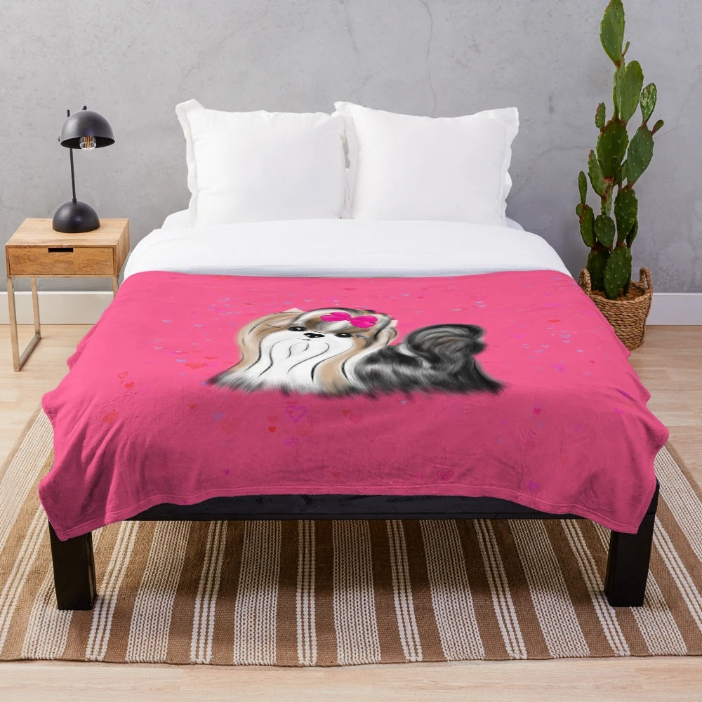 Biewer Yorkshire Terrier Plush Blanket with Pink Hearts and Red Roses
