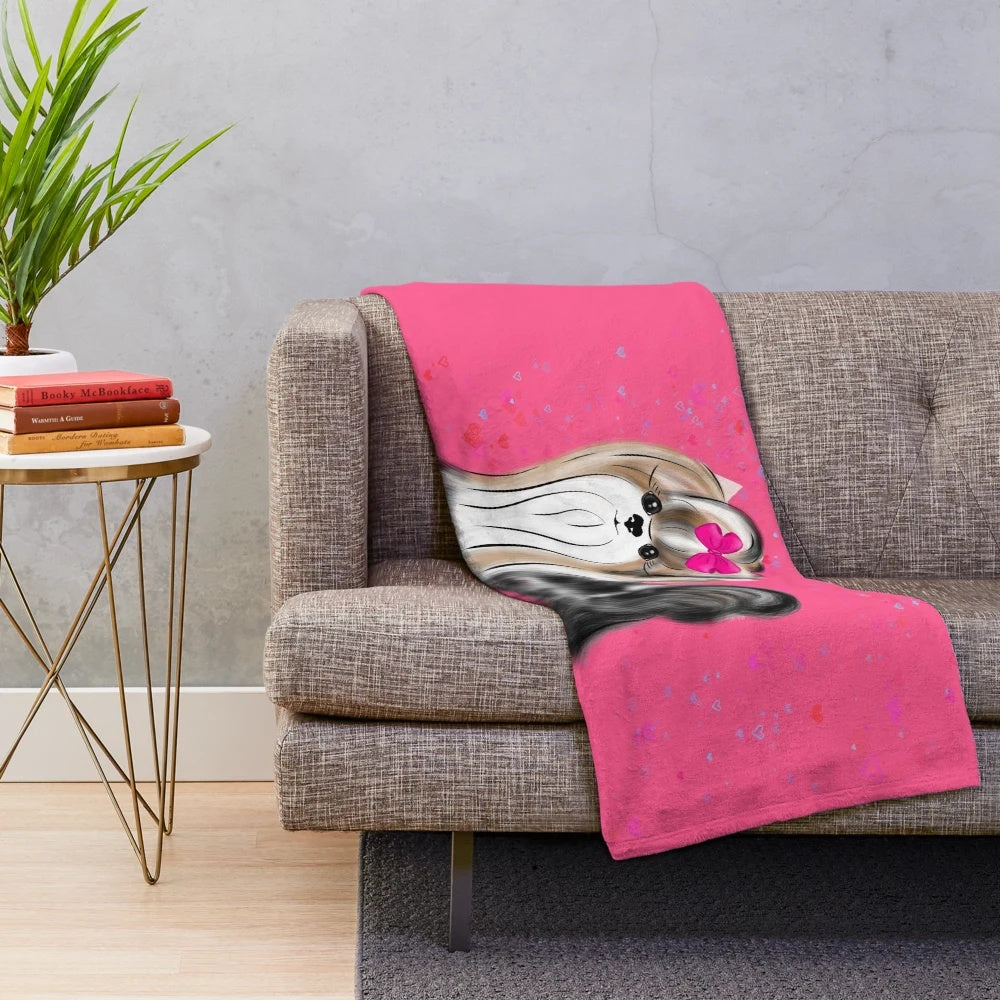 Biewer Yorkshire Terrier Plush Blanket with Pink Hearts and Red Roses