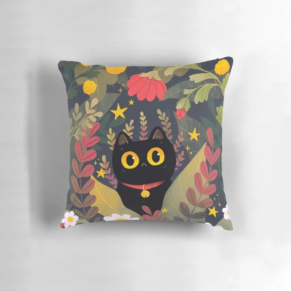 Decorative throw pillow featuring a cute black cat with big eyes surrounded by floral and plant designs