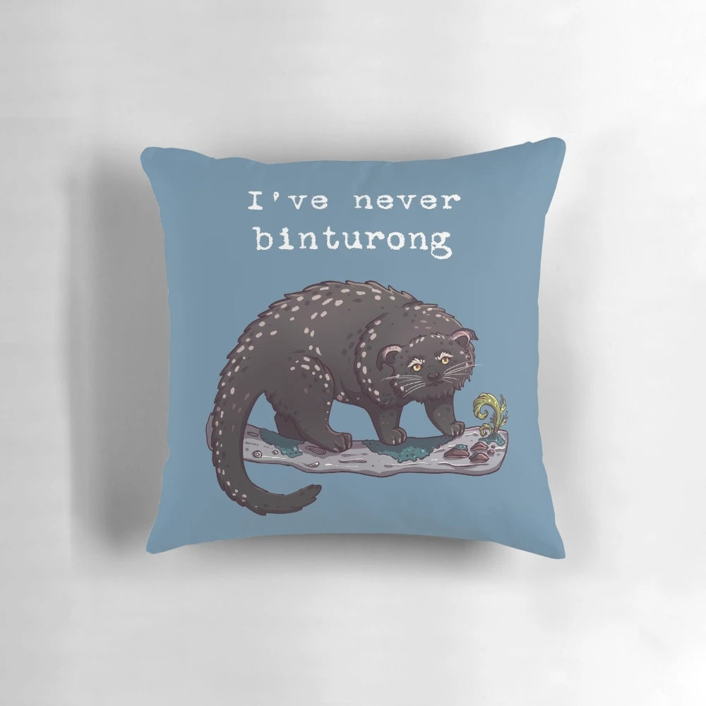 Soft, plush pillow featuring a playful illustration of a binturong, also known as a bearcat, with the text "Never Wrong