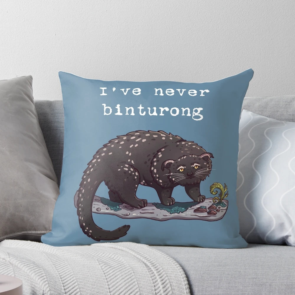 Soft, plush pillow featuring a playful illustration of a binturong, also known as a bearcat, with the text "Never Wrong