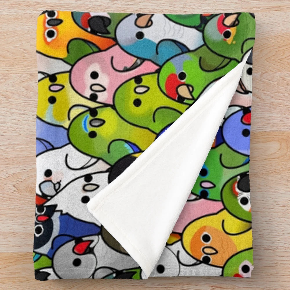 Soft and cuddly bird-themed plush blanket with "Too Many Birds" design