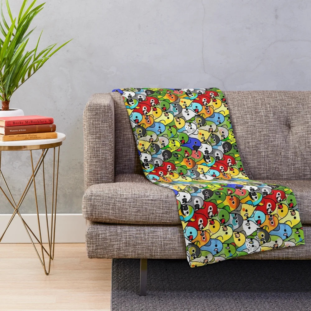 Plush blanket featuring a variety of colorful birds like cockatiel, cockatoo, and African grey