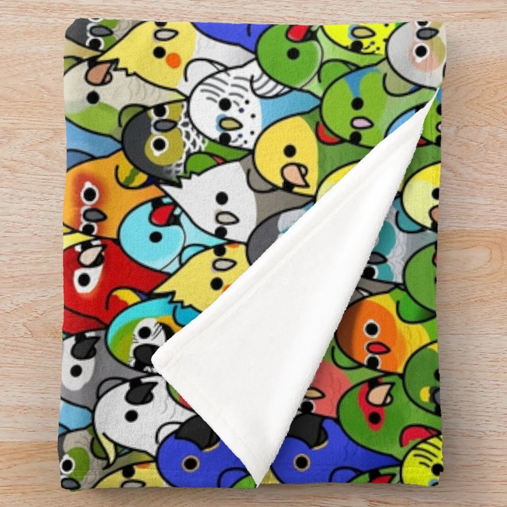Plush blanket featuring a variety of colorful birds like cockatiel, cockatoo, and African grey