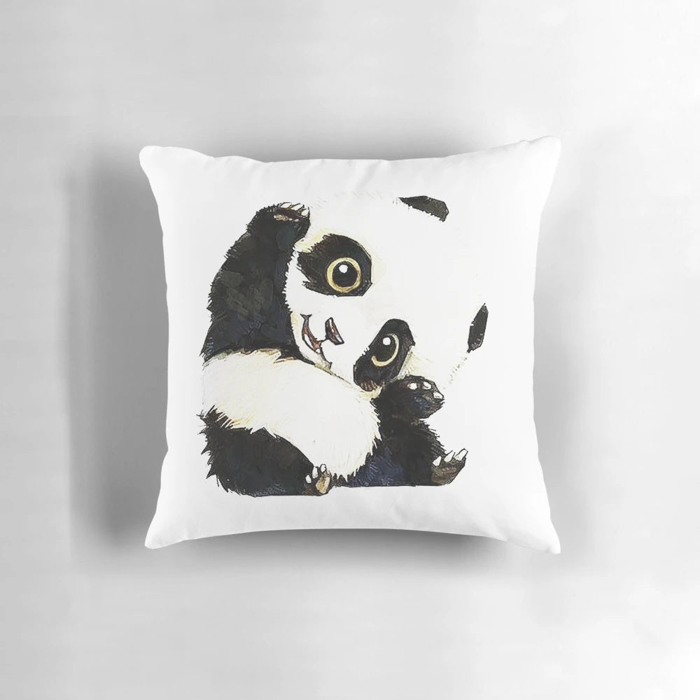 Charming panda drawing printed on a soft, plush pillow