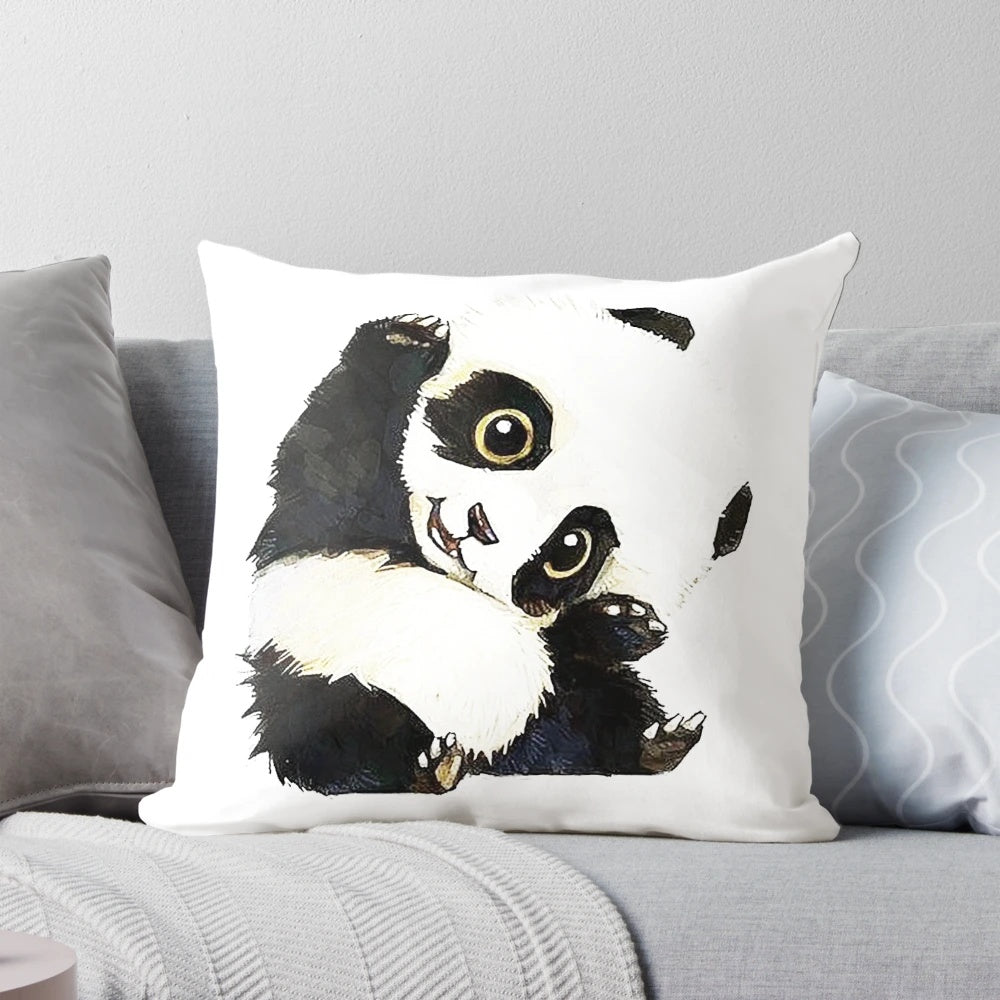 Charming panda drawing printed on a soft, plush pillow