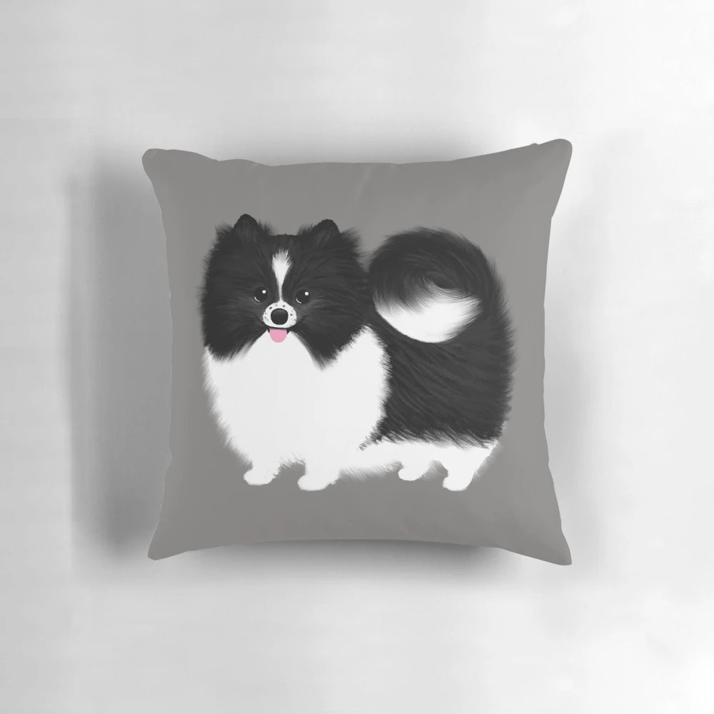 Black and white Pomeranian plush pillow, a soft and cuddly dog-themed home decor item.