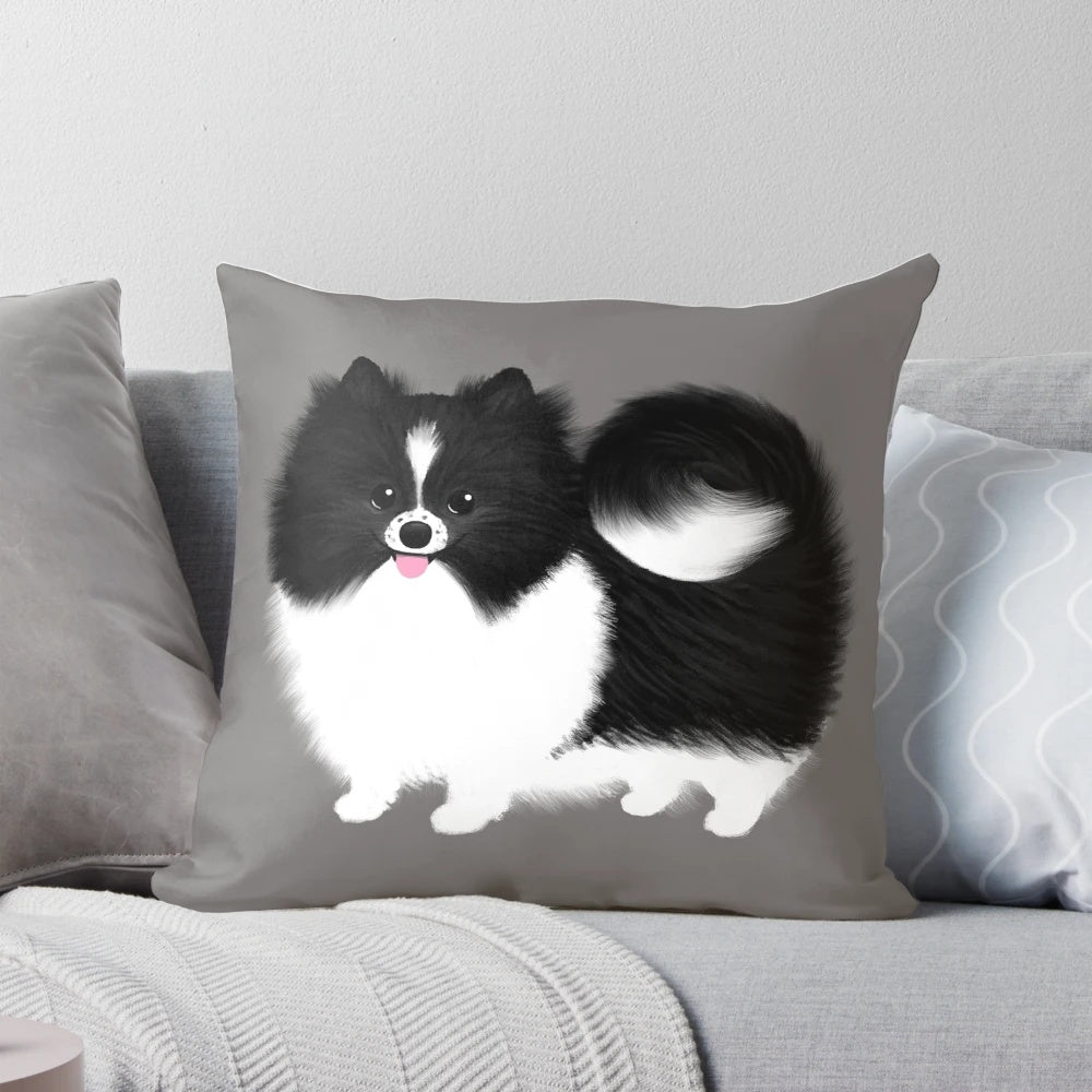 Black and white Pomeranian plush pillow, a soft and cuddly dog-themed home decor item.
