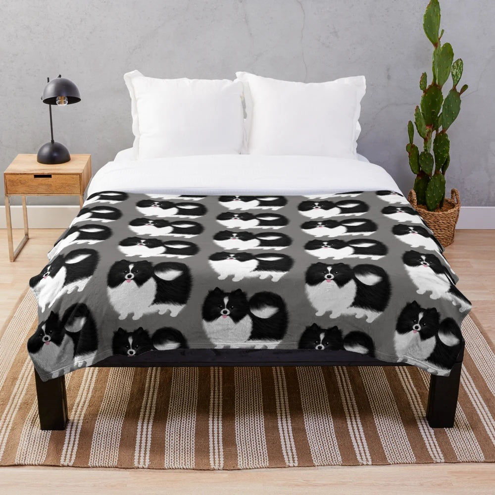 Cute black and white pomeranian dog plush blanket