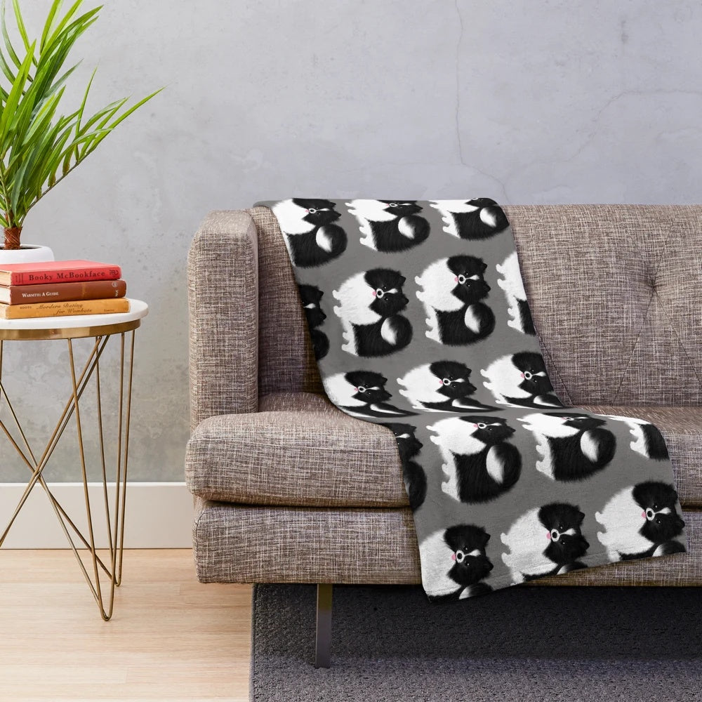 Cute black and white pomeranian dog plush blanket