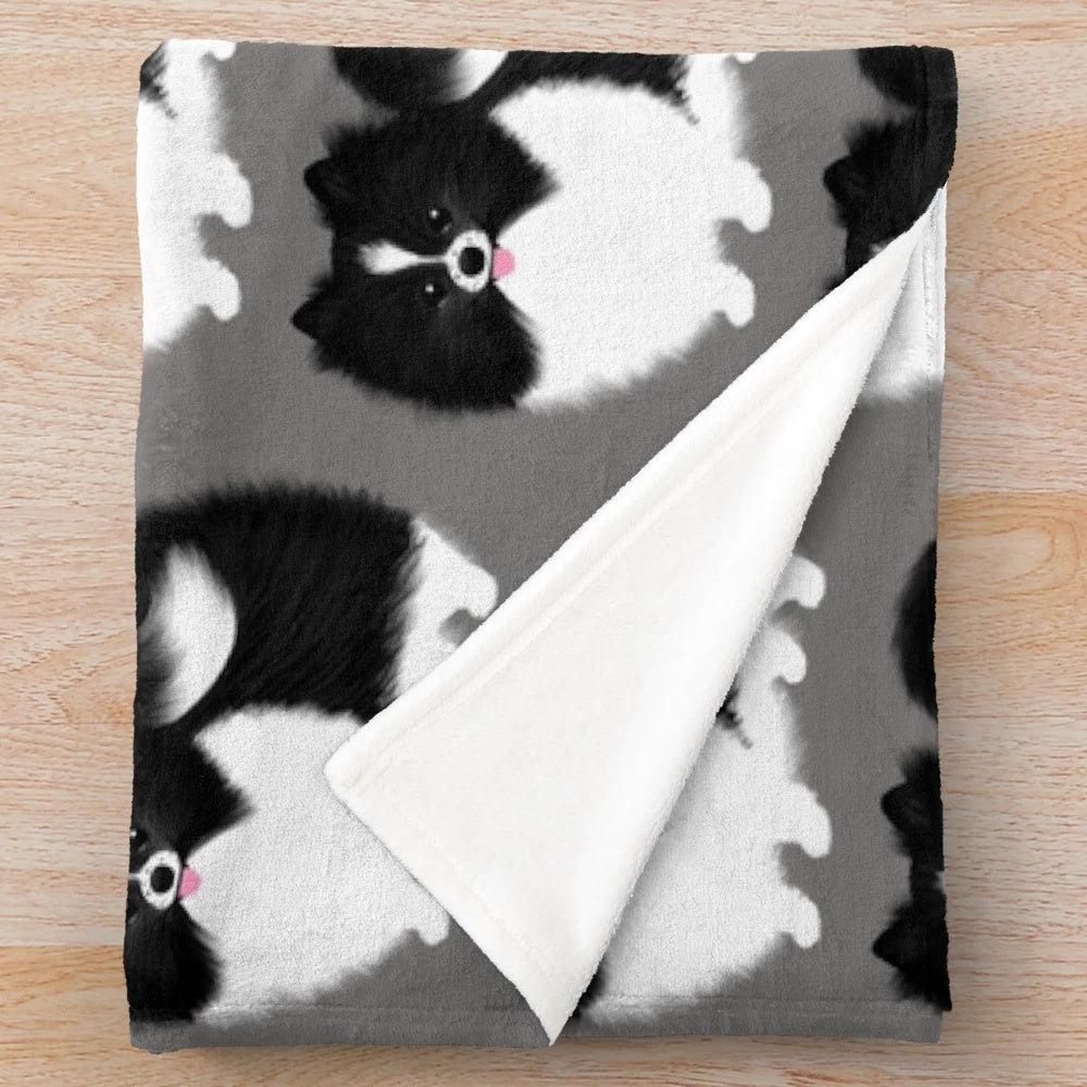 Cute black and white pomeranian dog plush blanket