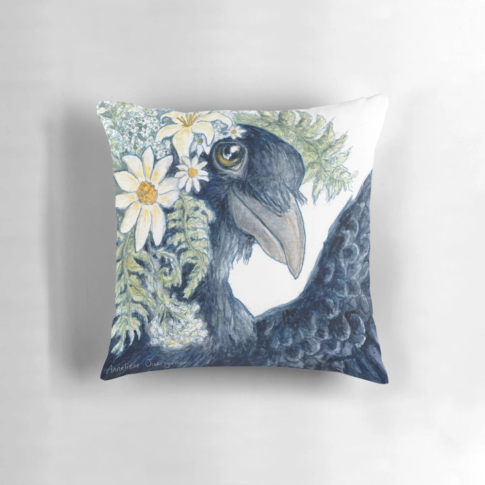 Illustration of a cute black raven or crow bird wearing a floral flower crown and posing for a selfie