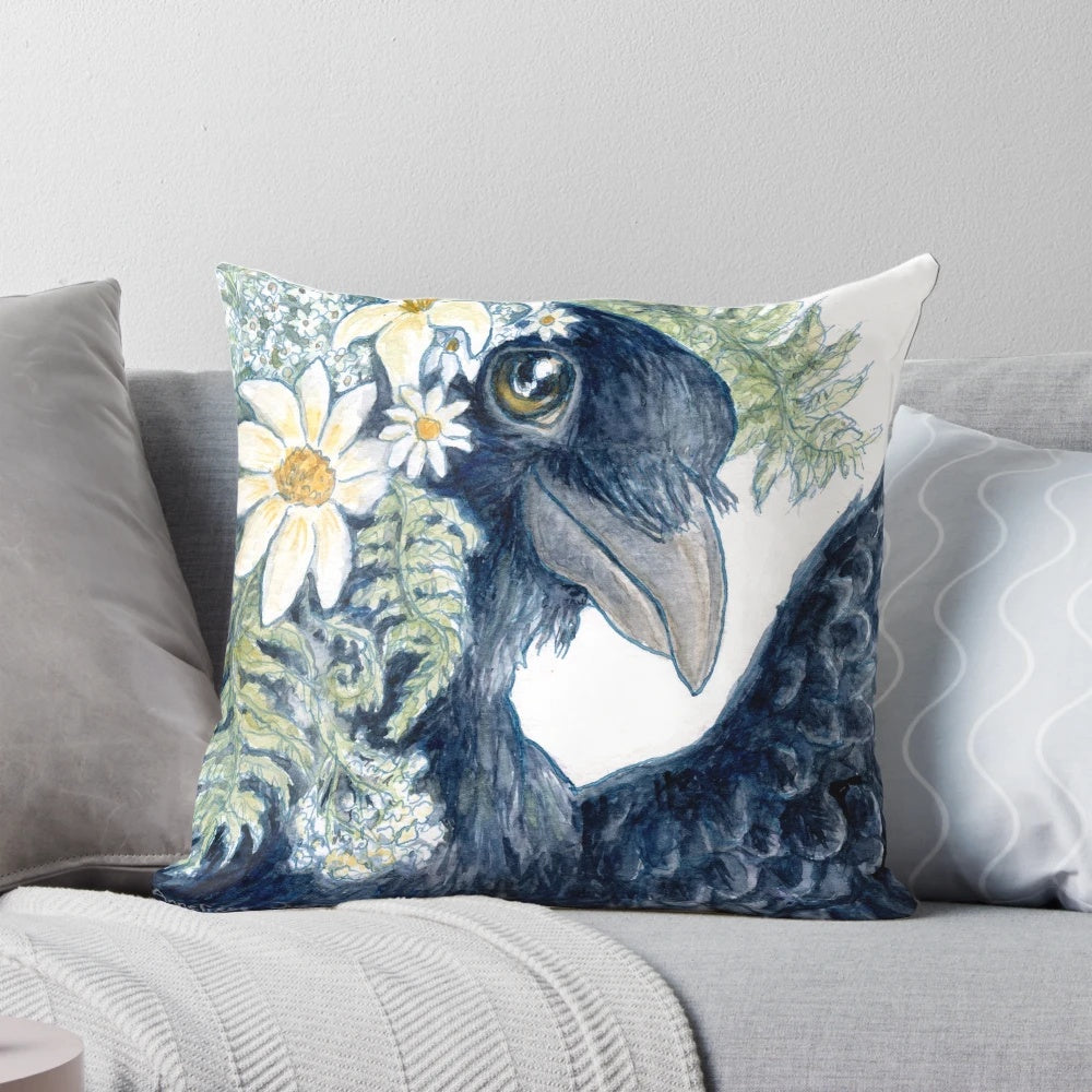 Illustration of a cute black raven or crow bird wearing a floral flower crown and posing for a selfie