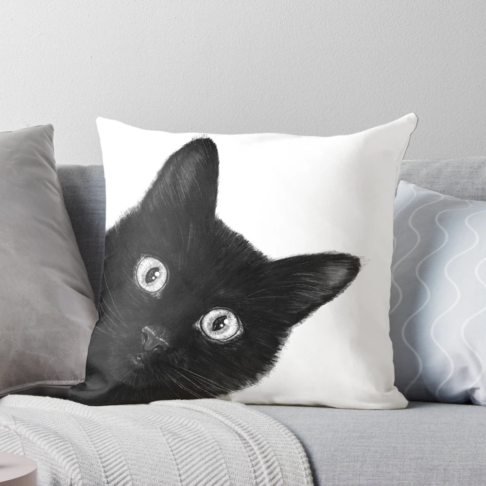 Cozy black cat graphic decorative throw pillow