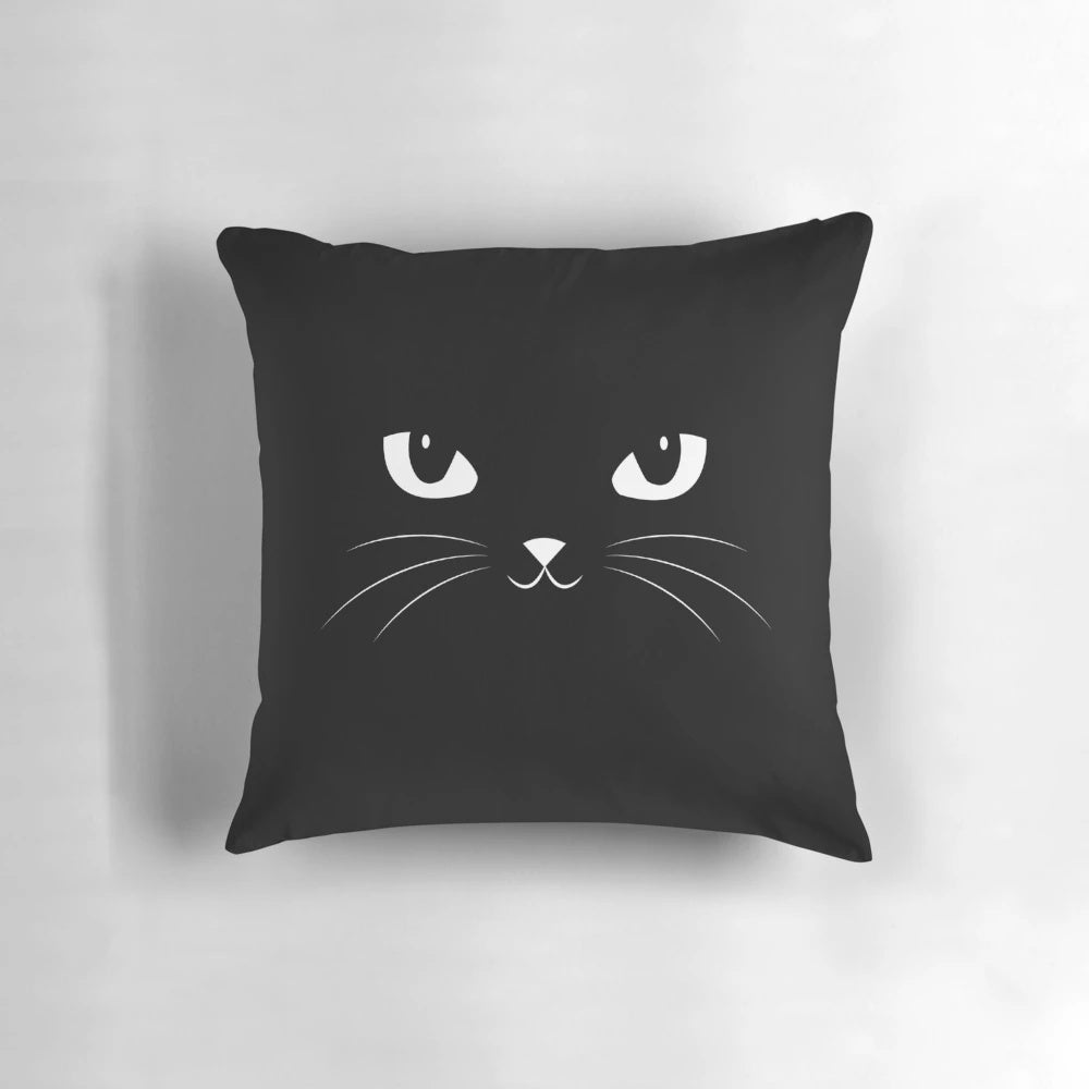 Charming black cat graphic on a plush, soft throw pillow for cozy home styling.