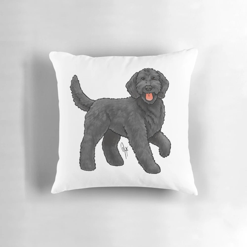 Soft, cozy black pillow featuring a cute cartoon goldendoodle design