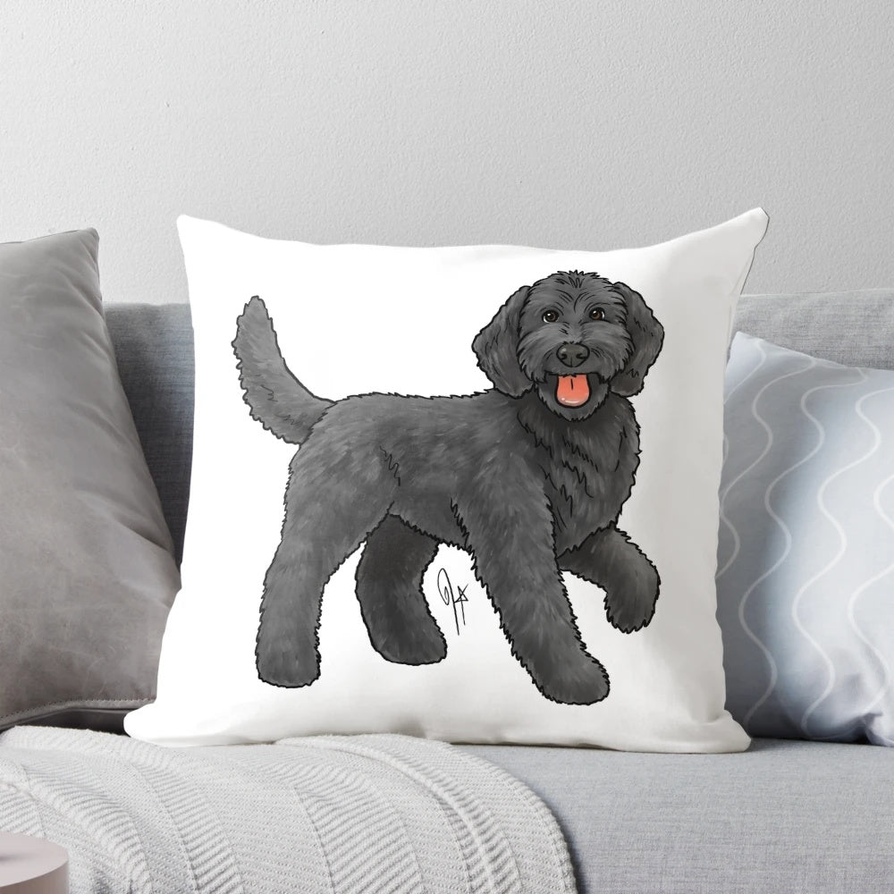 Soft, cozy black pillow featuring a cute cartoon goldendoodle design