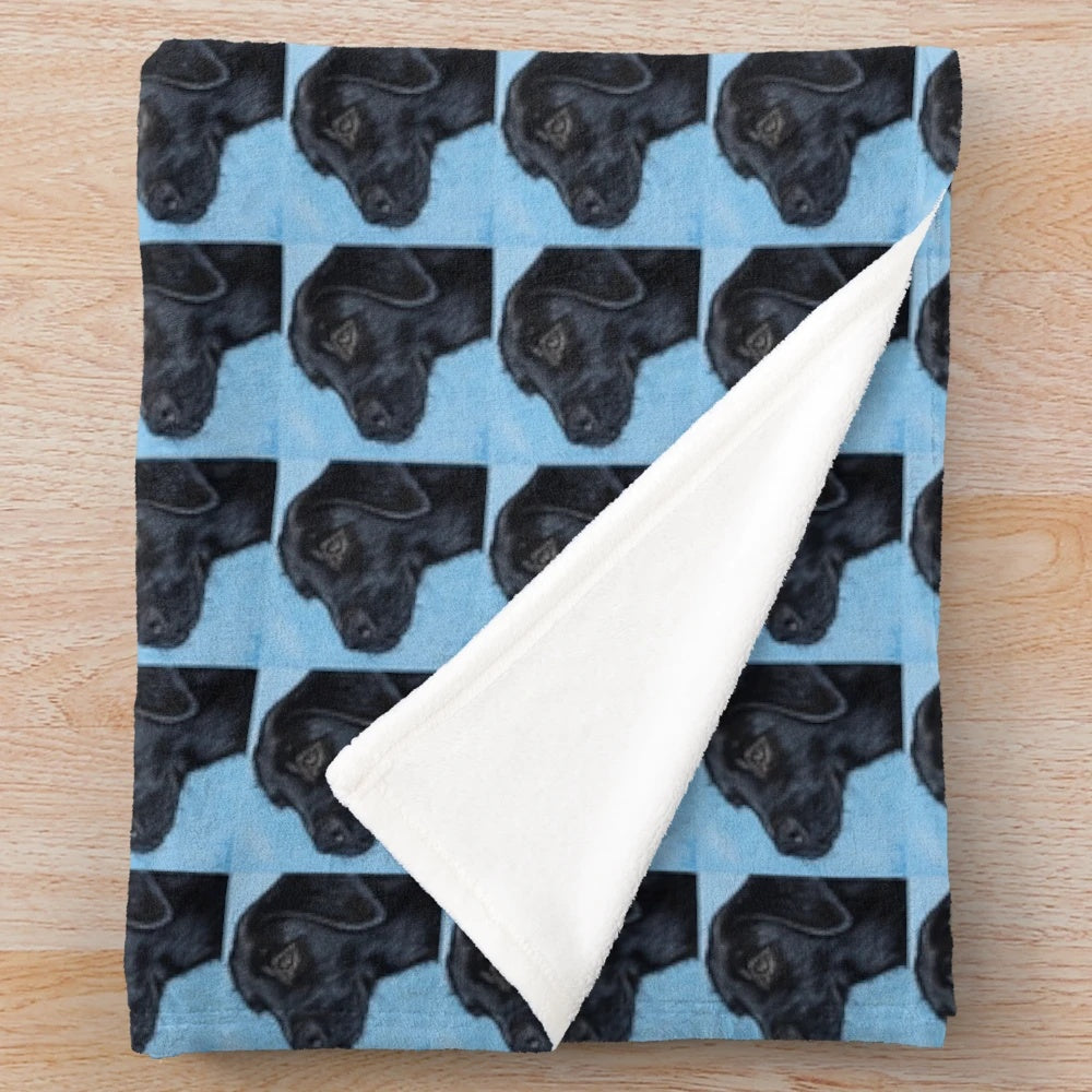 Black labrador puppy painting on plush blanket