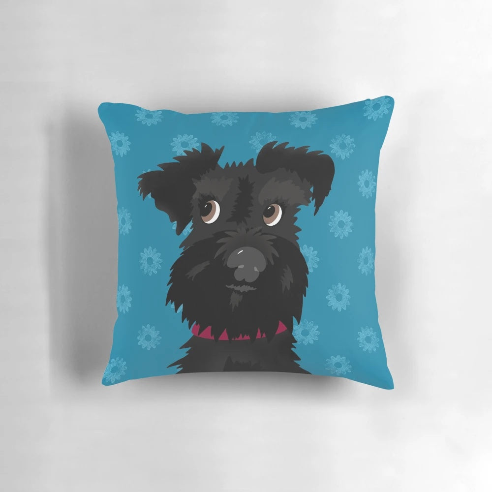 Black Miniature Schnauzer Dog Resting on a Pillow with Blue Daisies