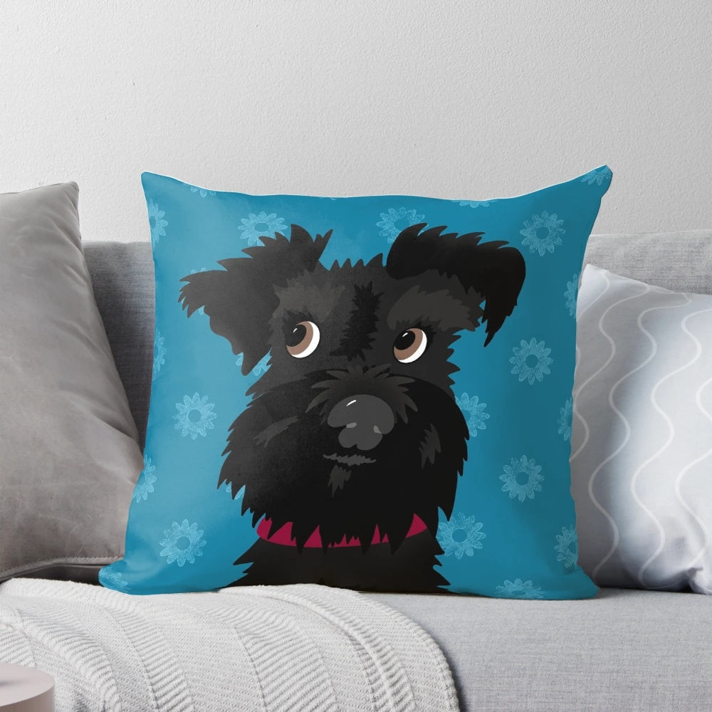 Black Miniature Schnauzer Dog Resting on a Pillow with Blue Daisies