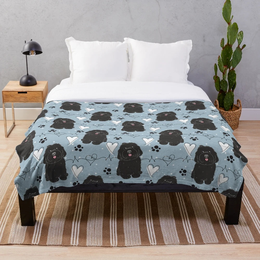 Black plush blanket featuring a cute Havanese dog design