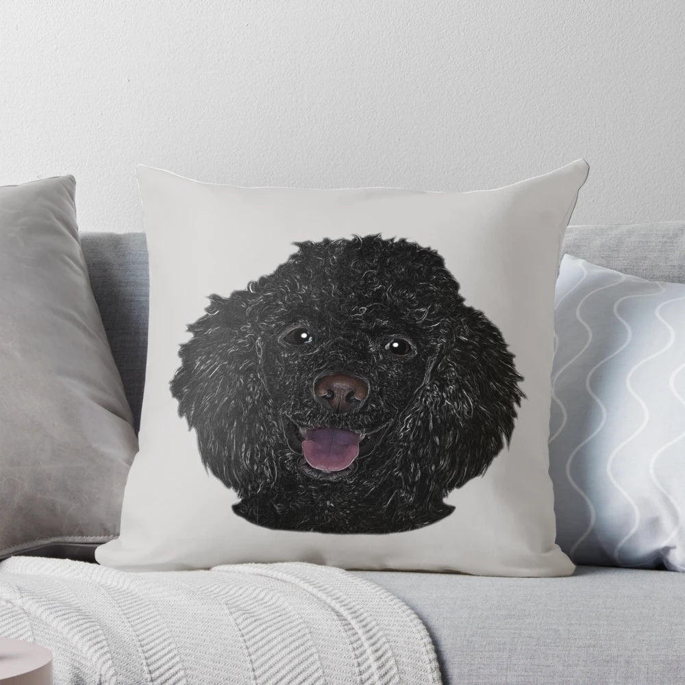 Soft, plush decorative pillow featuring a cute black poodle puppy