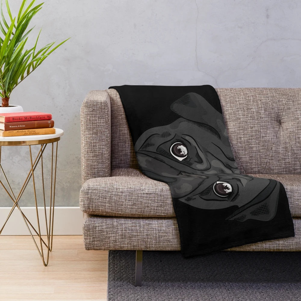 Cute hand-drawn black pug portrait on a plush blanket