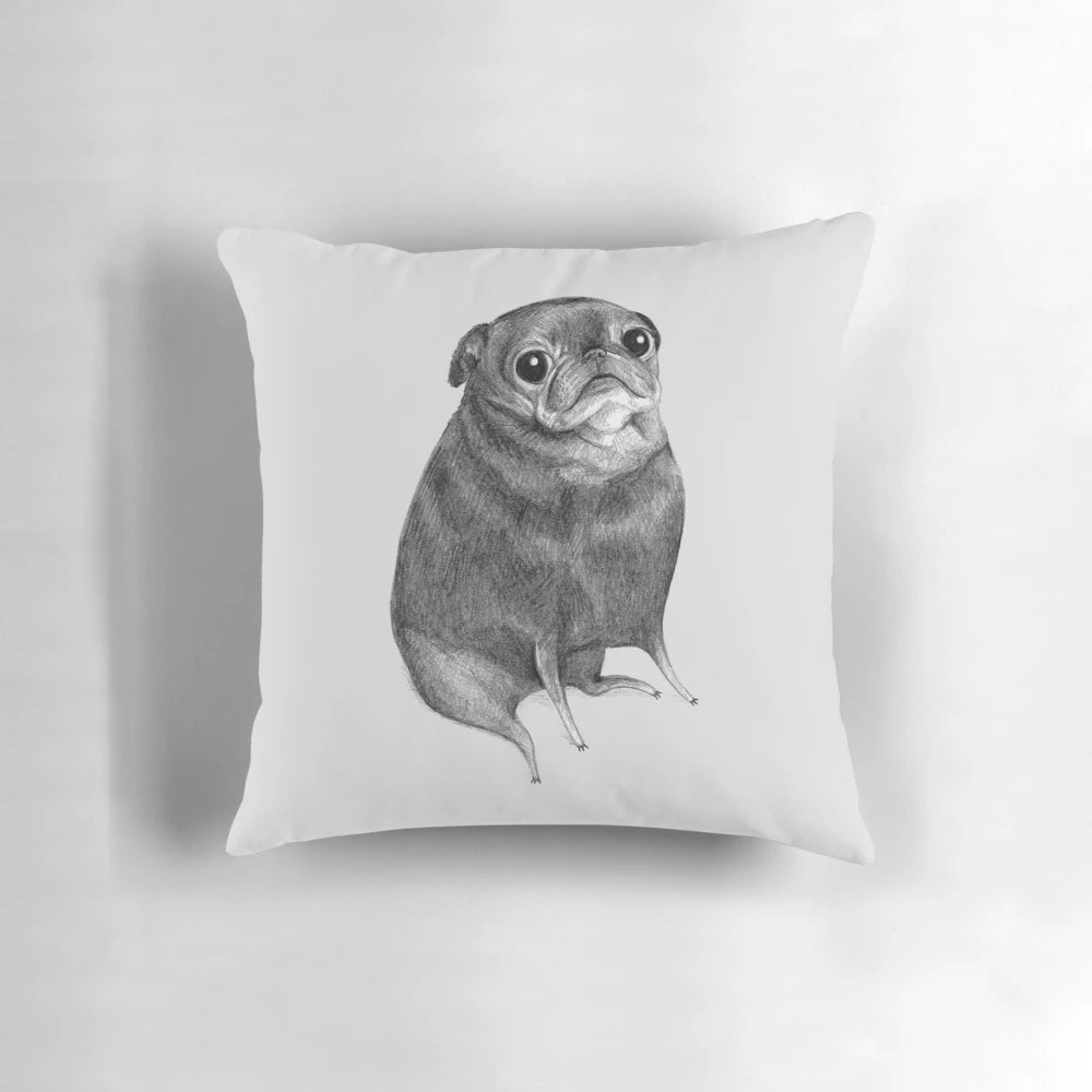 Illustrated black pug throw pillow with a sweet, plump design