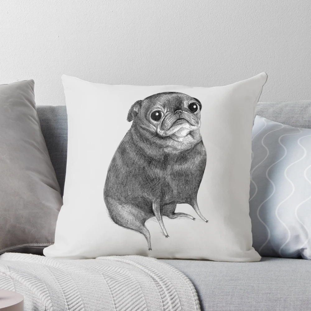 Illustrated black pug throw pillow with a sweet, plump design
