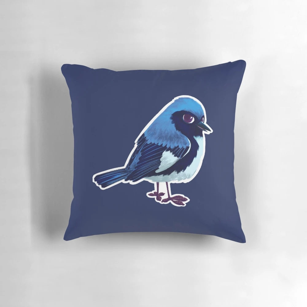 A cozy and cute throw pillow featuring an illustration of a black-throated blue warbler, a delightful songbird found in nature.