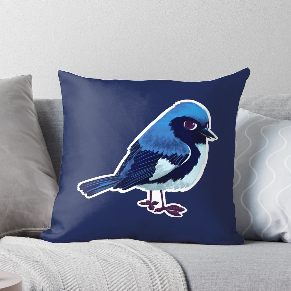 A cozy and cute throw pillow featuring an illustration of a black-throated blue warbler, a delightful songbird found in nature.