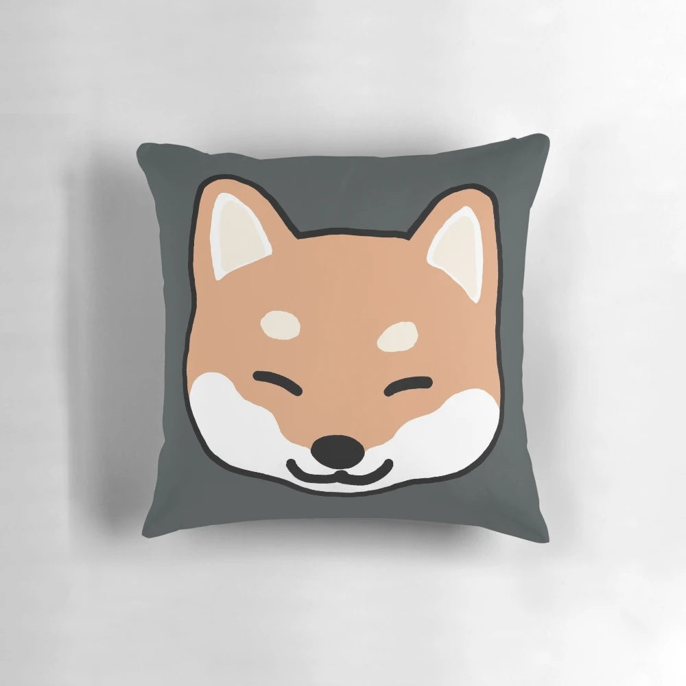 A soft, plush pillow featuring a lovable Shiba Inu dog blinking its eyes in a cute and playful way.