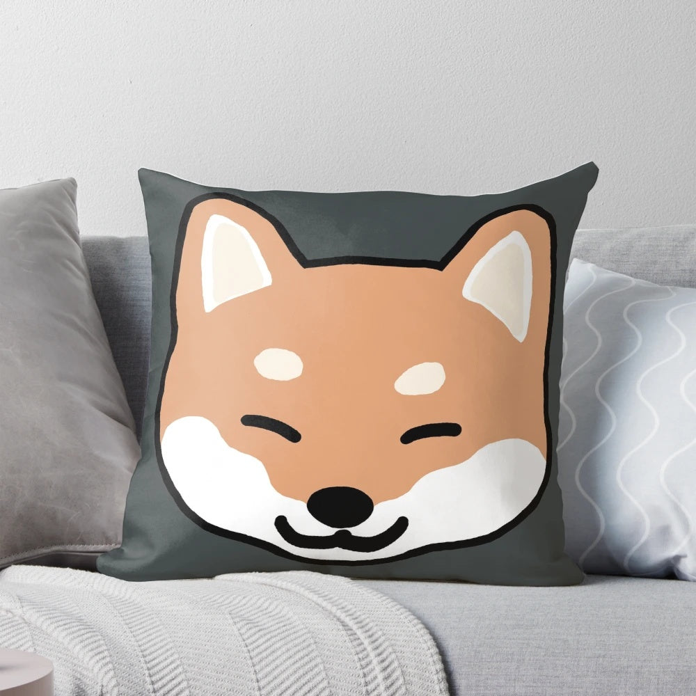 A soft, plush pillow featuring a lovable Shiba Inu dog blinking its eyes in a cute and playful way.
