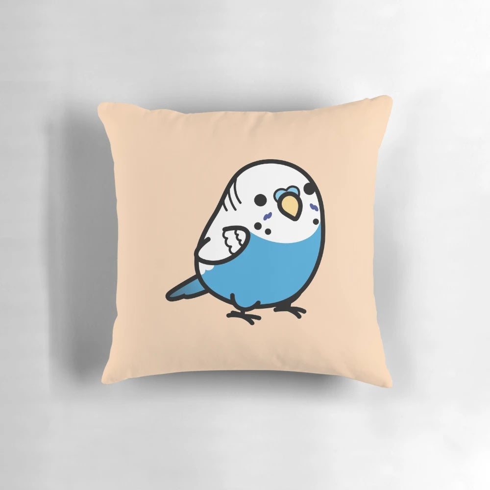 Cozy blue budgie pillow with a cute, kawaii design