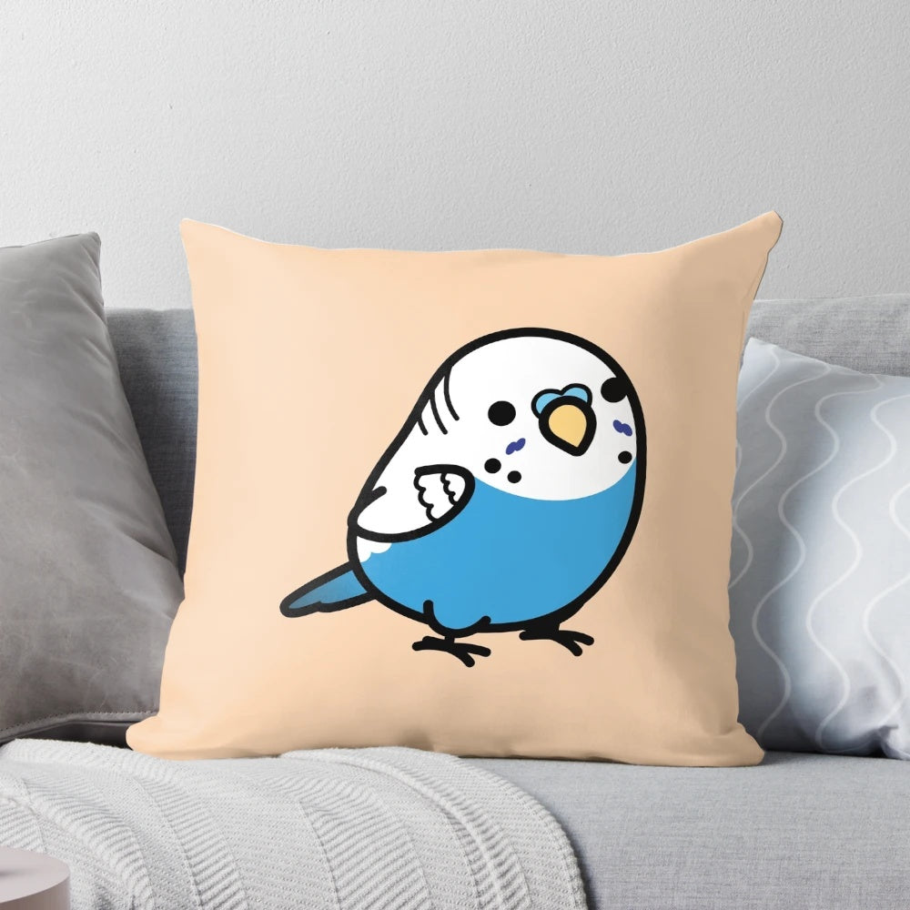 Cozy blue budgie pillow with a cute, kawaii design