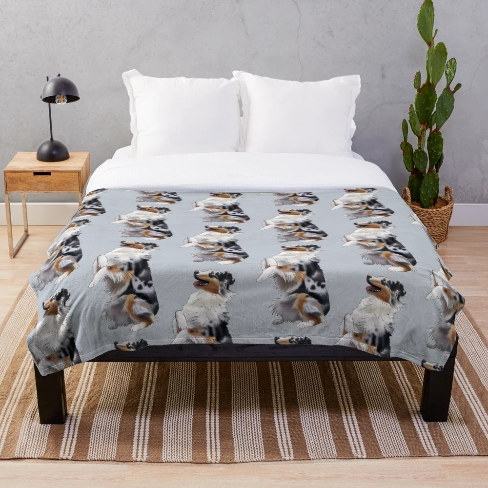 Cute illustrated blue merle Australian Shepherd dog on a plush blanket