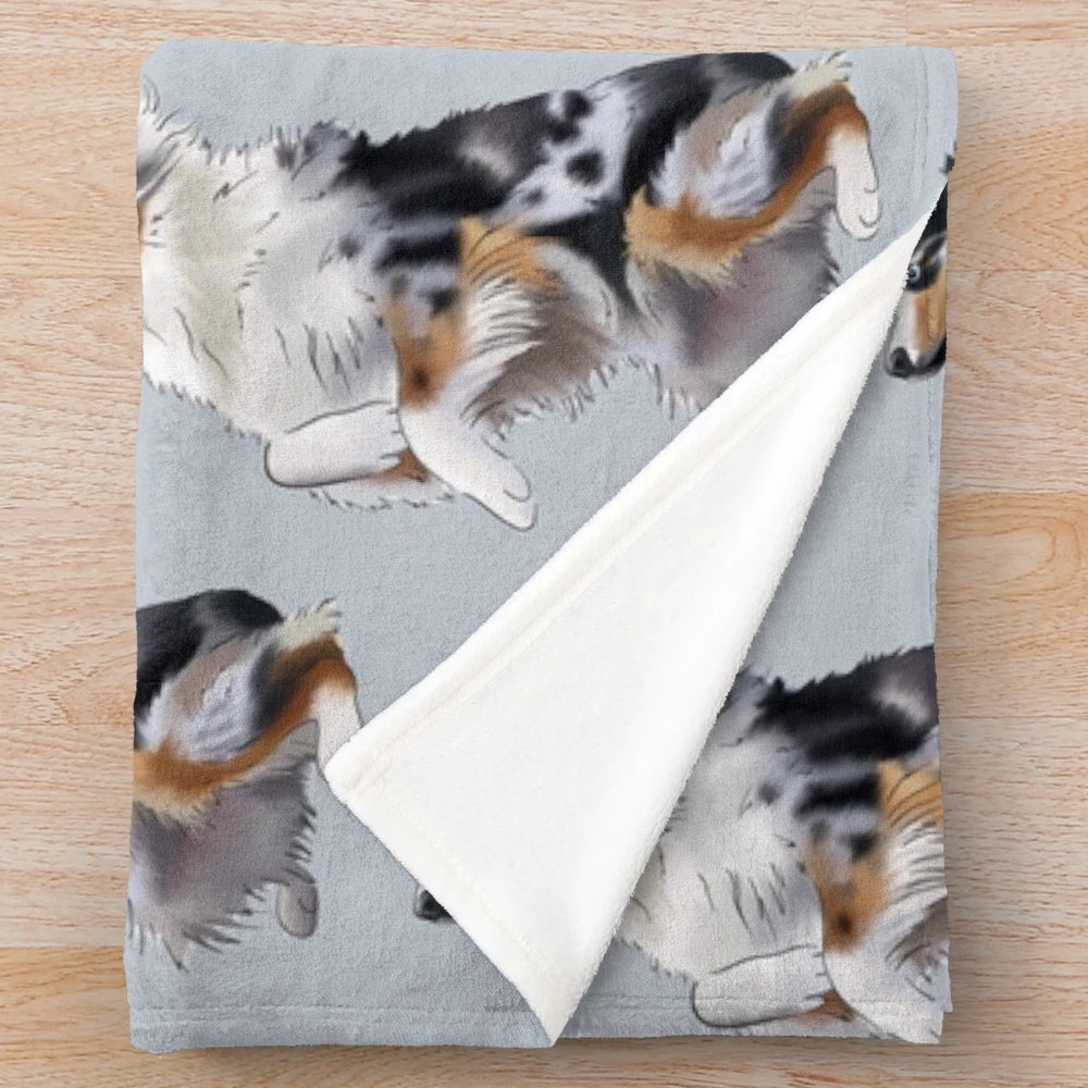 Cute illustrated blue merle Australian Shepherd dog on a plush blanket