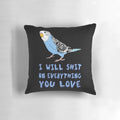 A vibrant blue parakeet illustration printed on a soft, plush throw pillow.