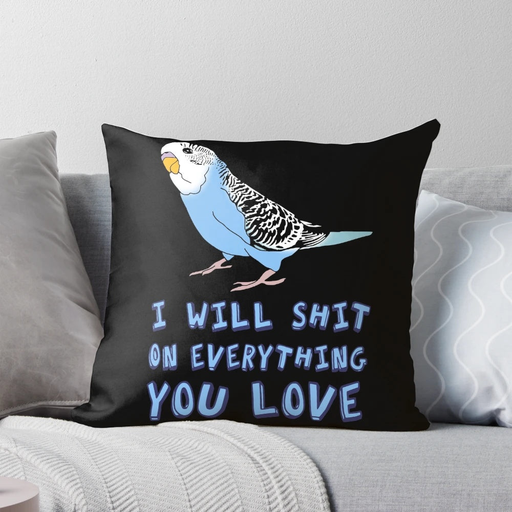 A vibrant blue parakeet illustration printed on a soft, plush throw pillow.